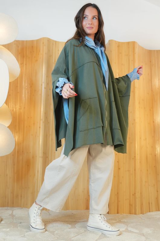 Oversized Sweatshirt Zip Cape Khaki /8=